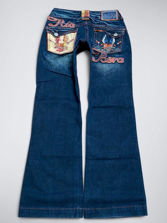 Riobera Denim - VTG Riobera Japanese Denim Ultra Low Rise Flare Jeans | Winged Heart Patchwork